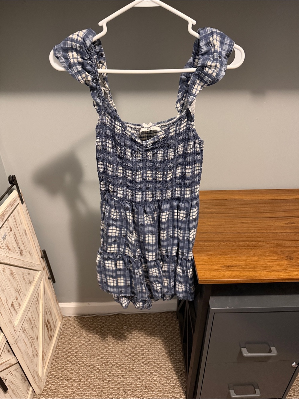 No Boundaries Smocked Blue Plaid Women's Skort Dress with Ruffled Straps